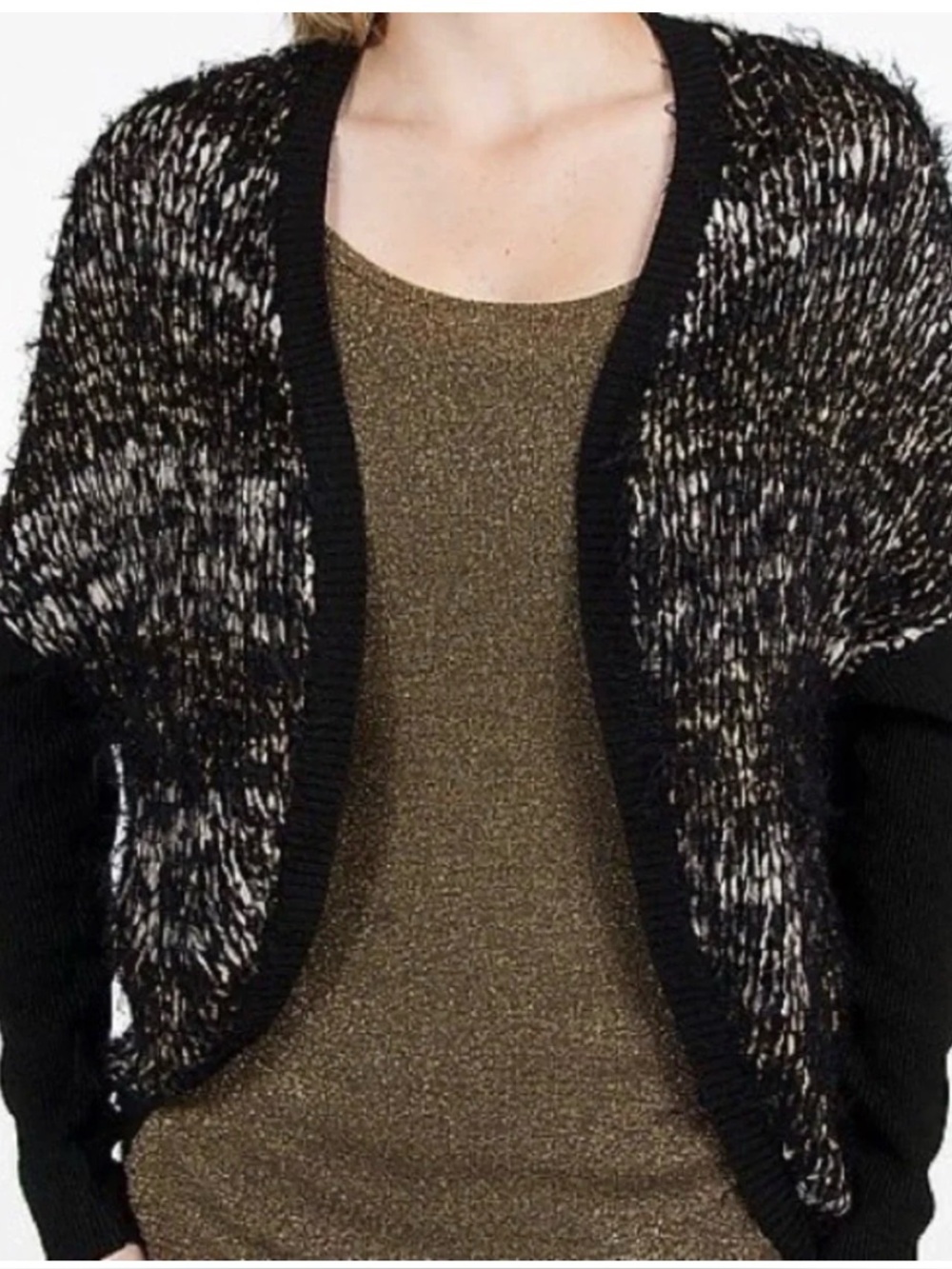 Buckle Boutique Fuzzy Tape Yarn Cardigan Sweater Black Gold Metallic- NWOT L